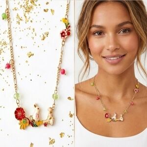 Gold plated multicolor flower fern white rabbit mushroom necklace